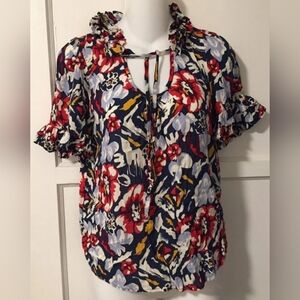 Anthropologie Odille Vibrant Floral Print Short Sleeve Blouse Women's Size 0